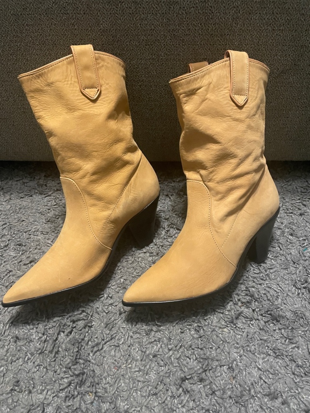 SCHUTZ Pointed-Toe Mid-Calf Heeled Boots in Tan - Picture 3 of 11
